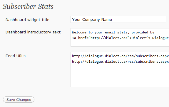 Screenshot of the CM Subscriber Stats Wordpress Plugin settings page