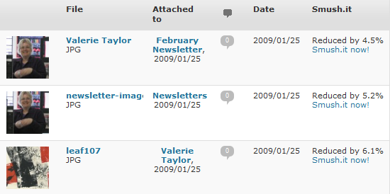 Screenshot of the WordPress Media Library with WP Smush.it running